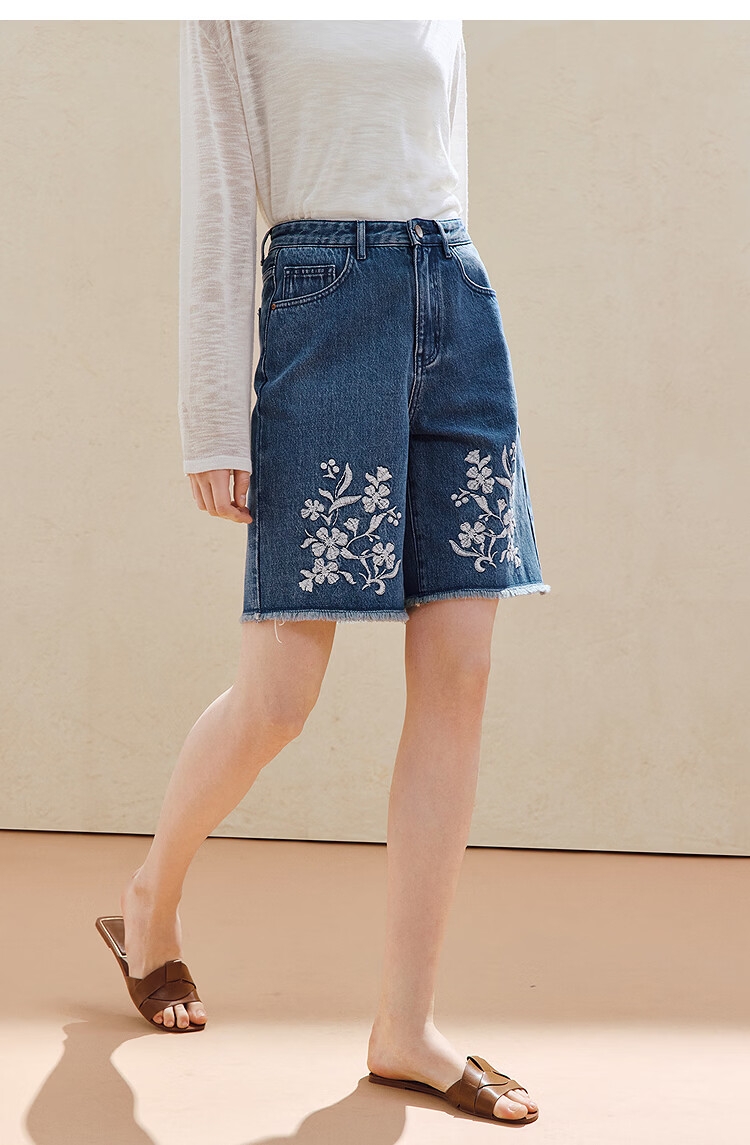 INMAN 100% Xinjiang Cotton Vintage Embroidered Denim Shorts 26 Summer Women's New Raw Hem Mid-Length Pants Denim Blue 28 17