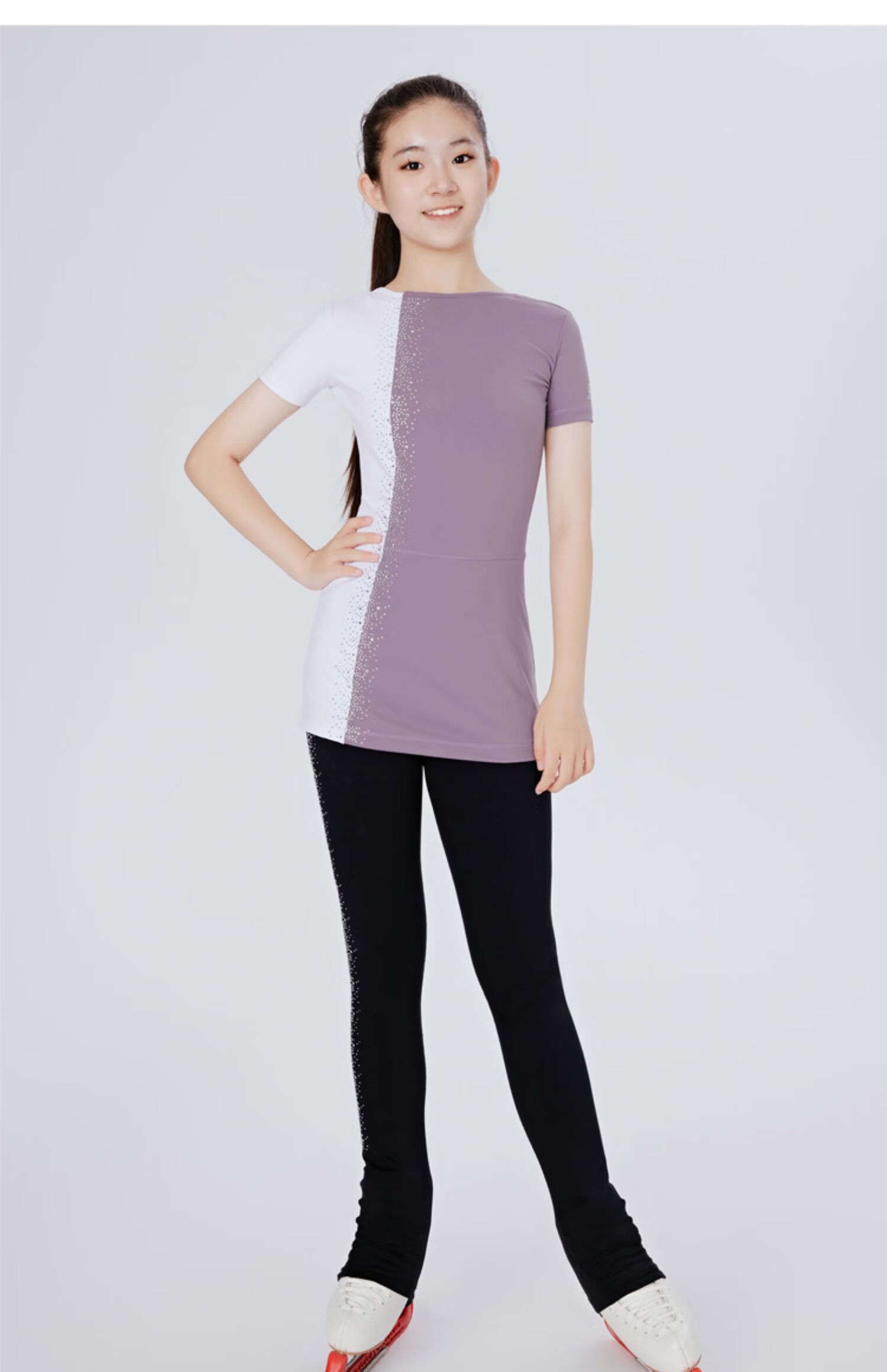 l家花样滑冰训练服连衣裙超短裙超弹表演服儿童女瑜伽体操服 上衣白