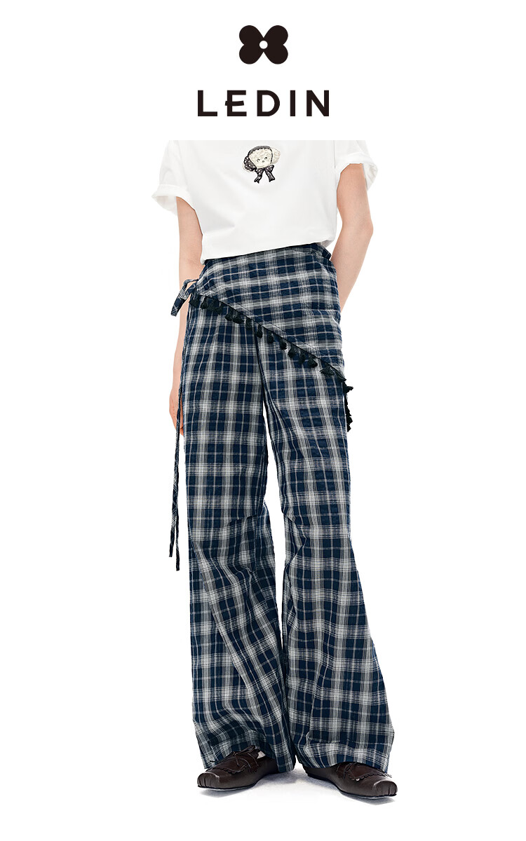 LeTing Colorblock Plaid Detachable Tassel Leather Curtain Wide-Leg College Style Casual Pants Navy Blue (In Stock) M 1