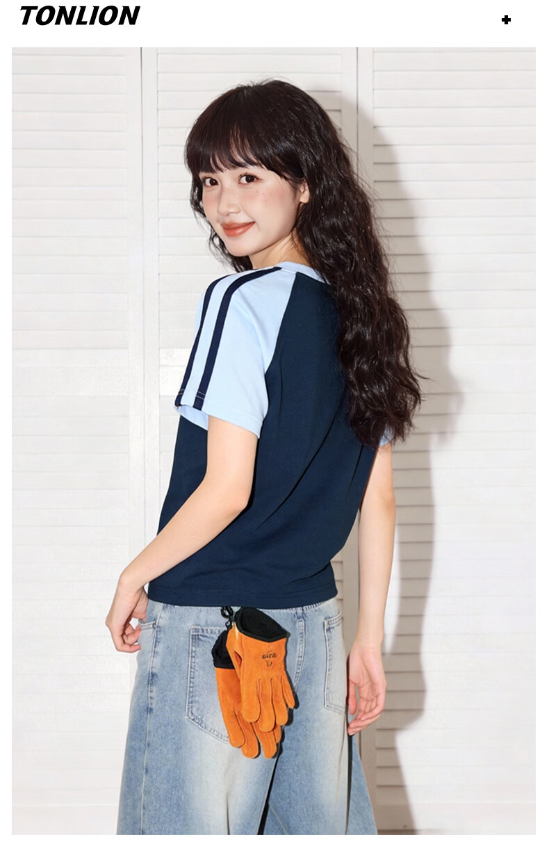 TonLion Colorblock Short Sleeve Women's Summer Raglan Patchwork Cropped Slim Fit T-Shirt New American Style Slimming Top 10