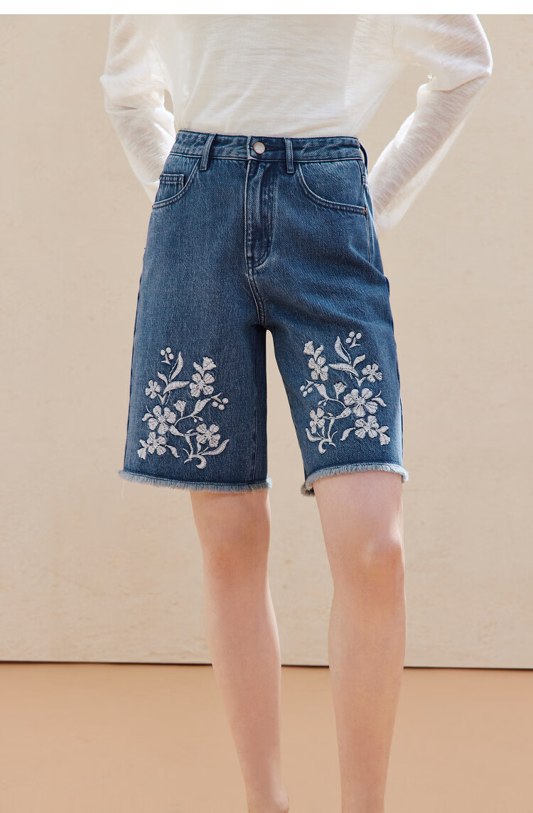 INMAN 100% Xinjiang Cotton Vintage Embroidered Denim Shorts 26 Summer Women's New Raw Hem Mid-Length Pants Denim Blue 28 15