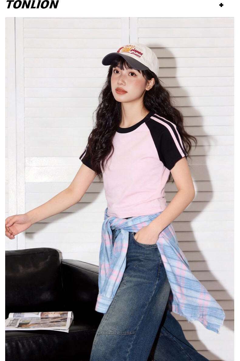 TonLion Colorblock Short Sleeve Women's Summer Raglan Patchwork Cropped Slim Fit T-Shirt New American Style Slimming Top 11