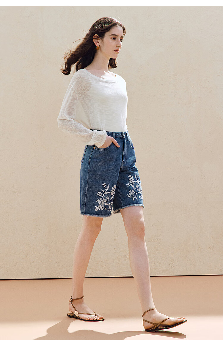 INMAN 100% Xinjiang Cotton Vintage Embroidered Denim Shorts 26 Summer Women's New Raw Hem Mid-Length Pants Denim Blue 28 16