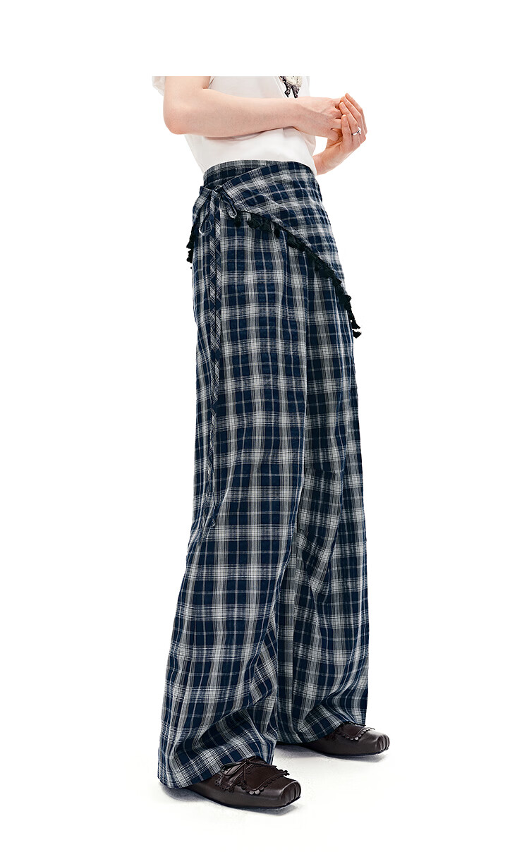 LeTing Colorblock Plaid Detachable Tassel Leather Curtain Wide-Leg College Style Casual Pants Navy Blue (In Stock) M 4