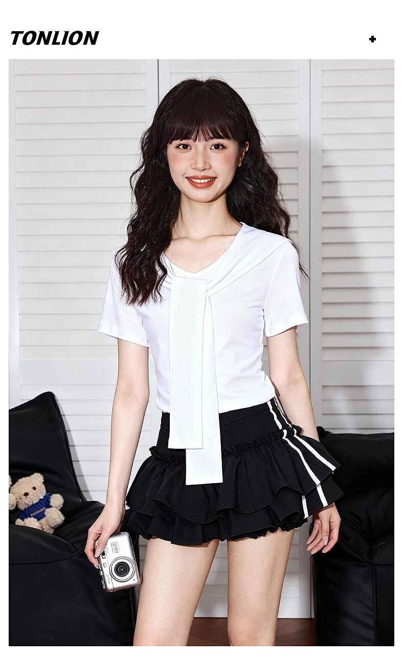 TonLion Women's Short Sleeve French Style Navy Collar Fake Two-Piece Slim Fit Summer T-Shirt with Cape Design Crop Top 8