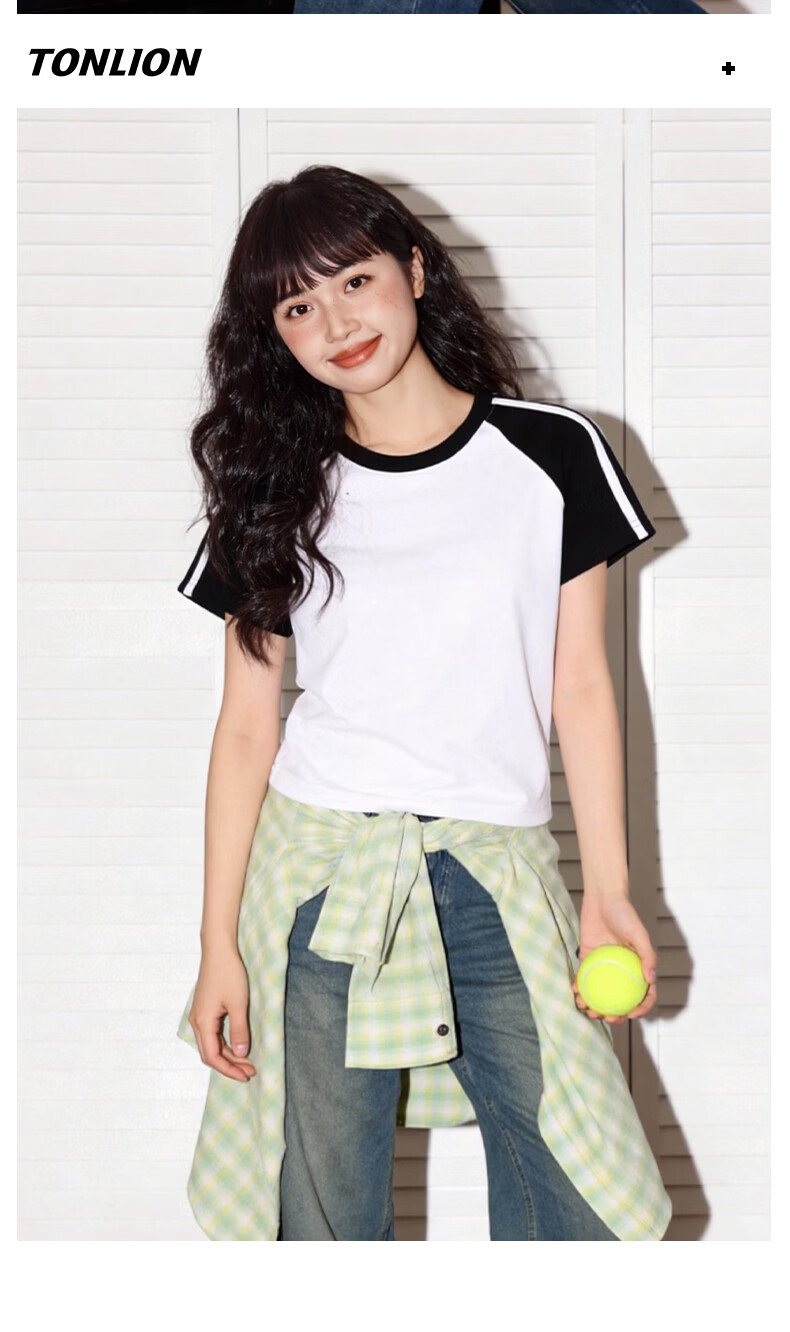 TonLion Colorblock Short Sleeve Women's Summer Raglan Patchwork Cropped Slim Fit T-Shirt New American Style Slimming Top 12