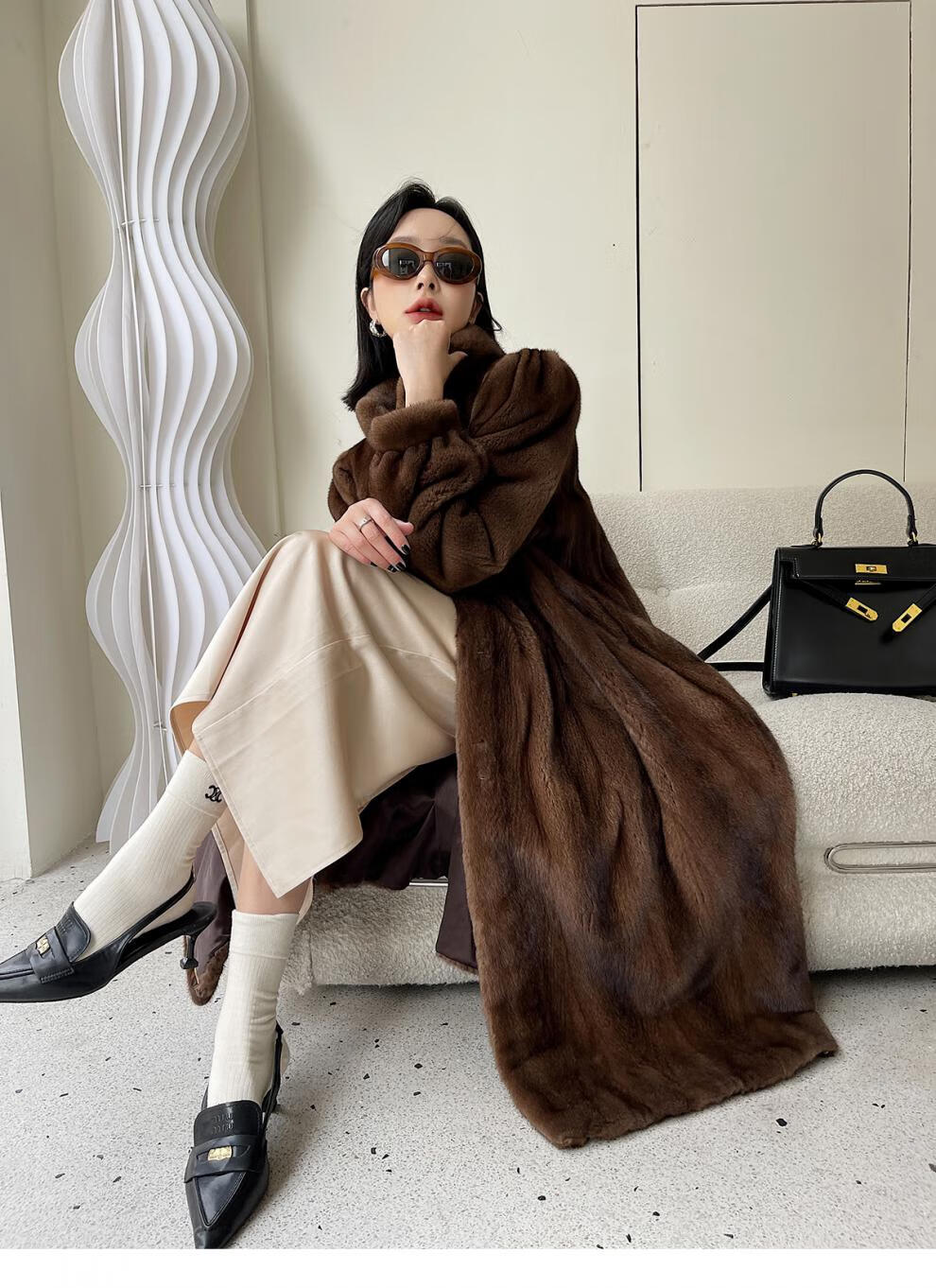 odybird品牌女装貂皮大衣女水貂皮草中长款紫金标短二裘皮外套 咖啡色