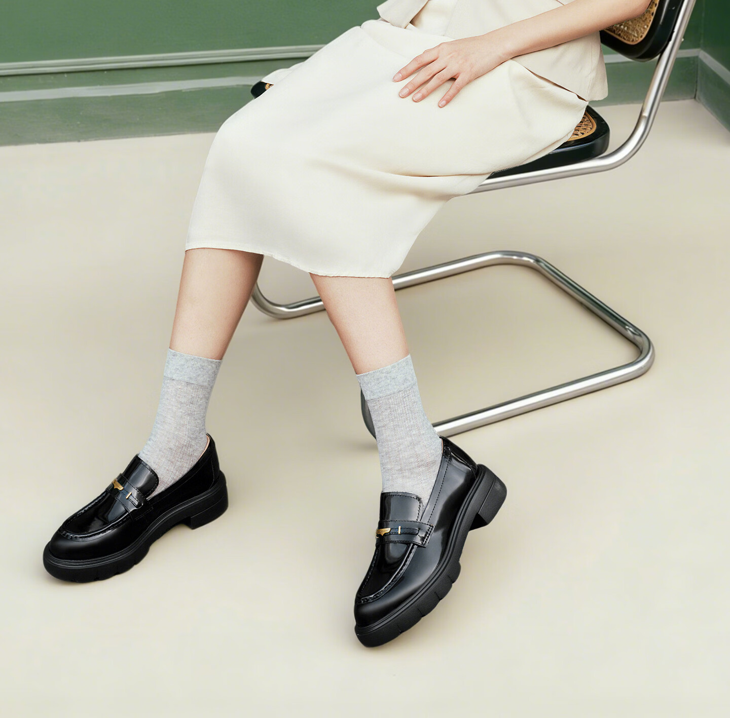 TATA Lu Yuxiao's Magic Detective Thick-Soled Loafers, British Style Genuine Leather Shoes, Black, Size 38 6