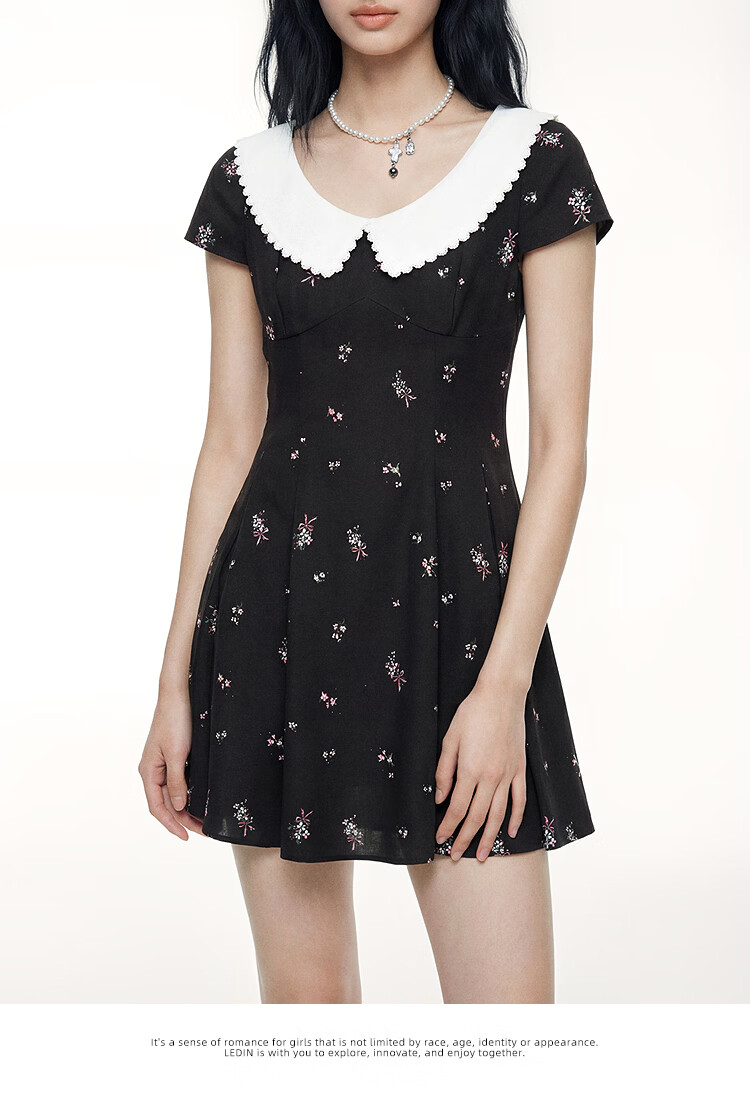 LeTing Original Printed Draped Collar Spliced Shirt Doll Collar Dress Black (In Stock) XS 20