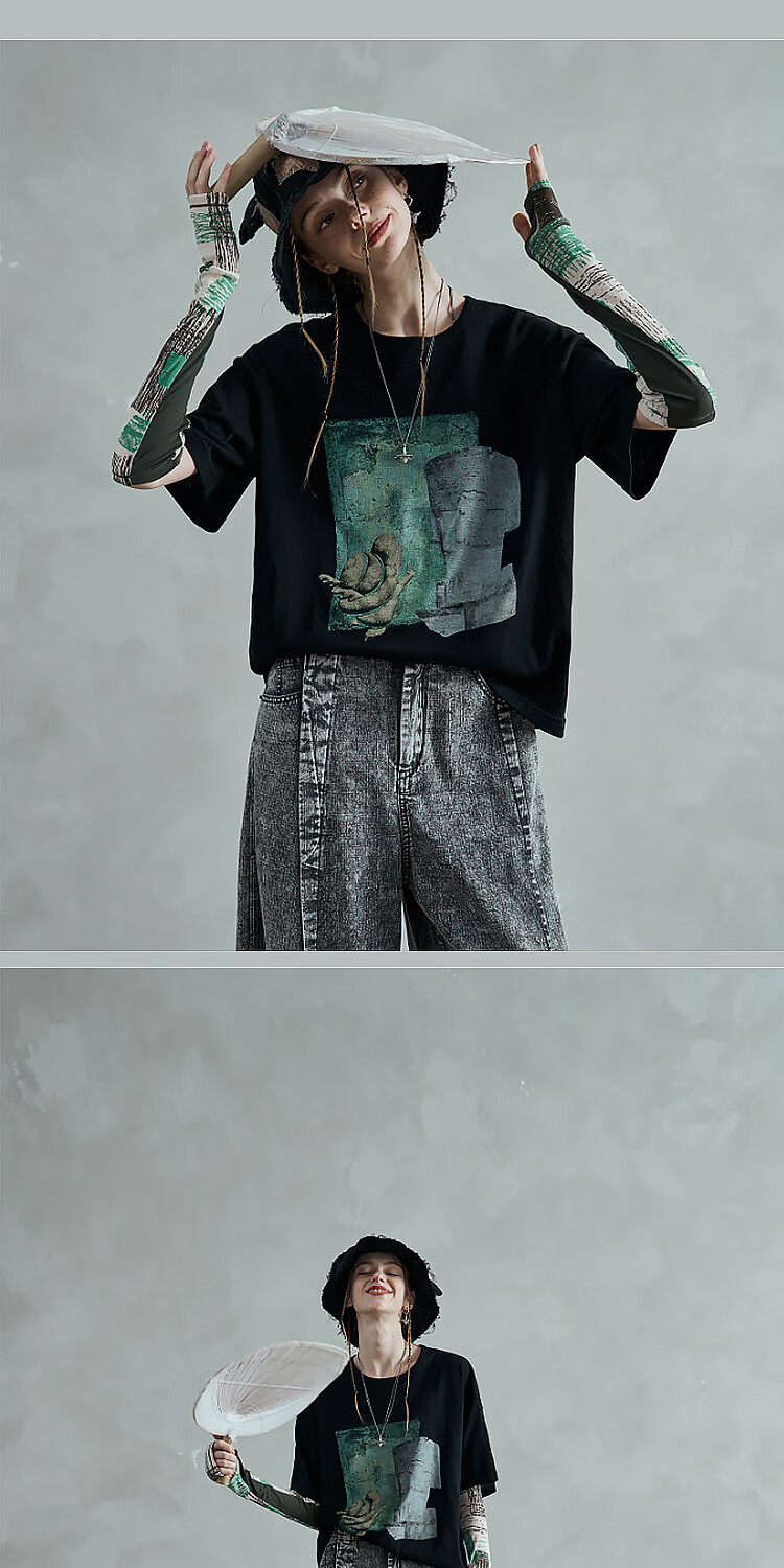 Rizhuo Xia Style Printed T-Shirt 2026 Summer New Loose Casual Half Sleeve Round Neck Women's Top 24