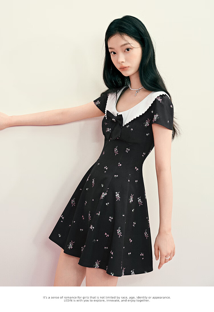 LeTing Original Printed Draped Collar Spliced Shirt Doll Collar Dress Black (In Stock) XS 17