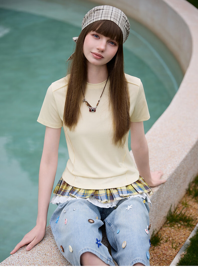 TonLion 2026 Summer New Slim Fit Women's Short Sleeve T-Shirt Stylish Unique Design Solid Color 10