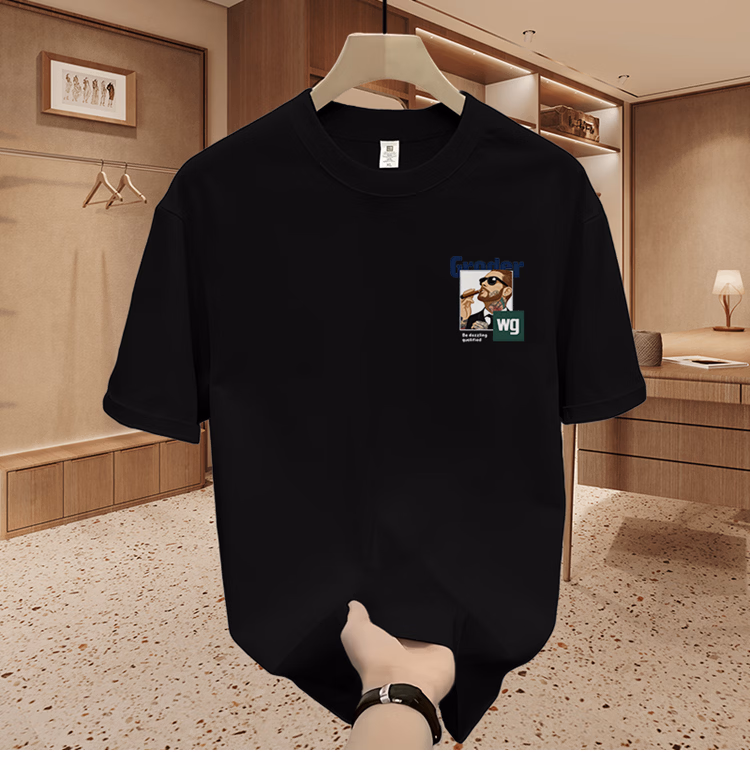 Herren Eisseide T-shirt Kurzarm Sommer Oberteil Casual Schwarz_voghion.com