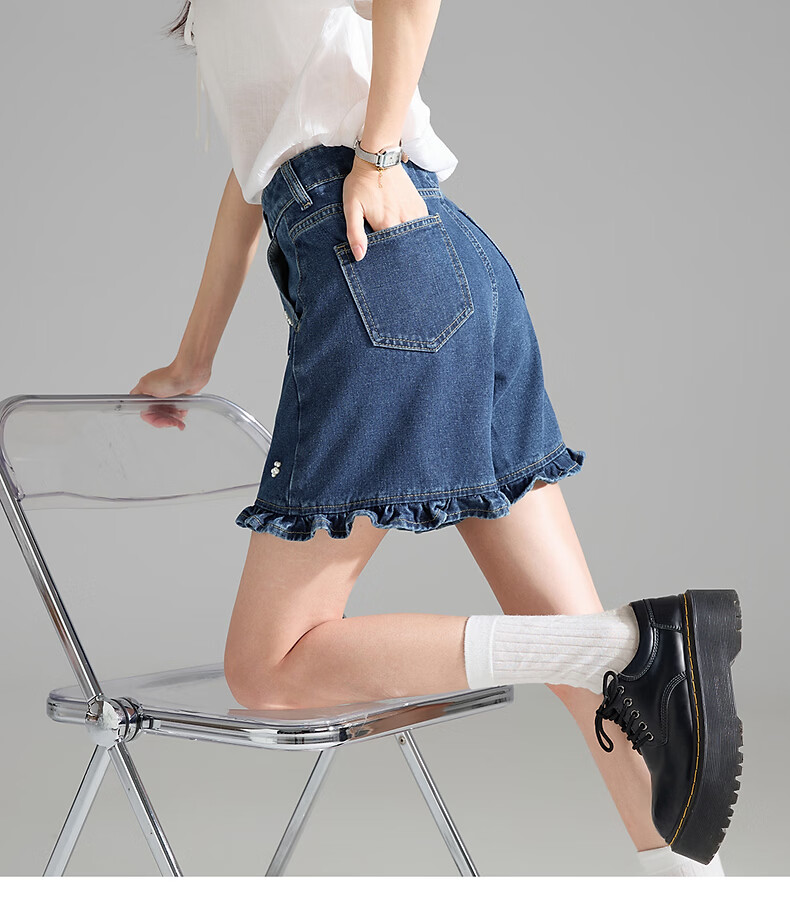 TonLion 2026 Summer Women's Ruffle Denim Mid-Shorts Deep Indigo Blue Size 27 12