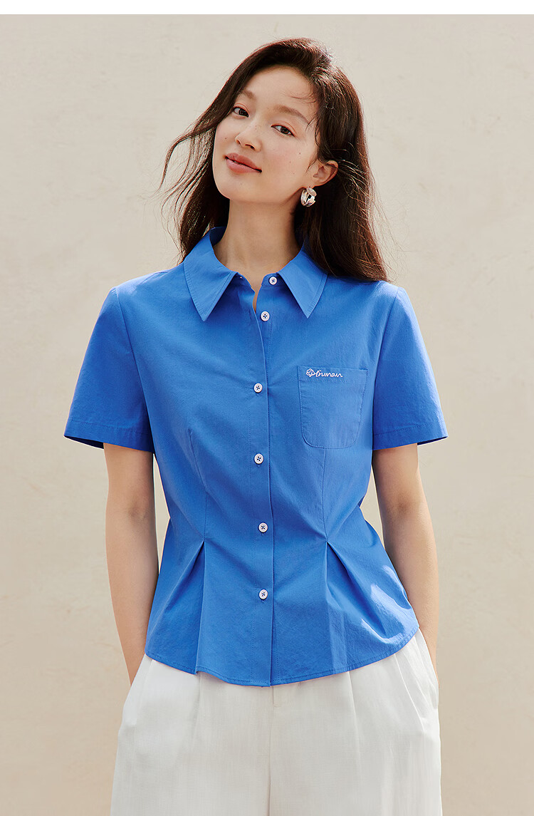 INMAN 100% Xinjiang Cotton Simple Tie-Waist Short Sleeve Shirt 2026 Summer New Embroidered Top White S 23