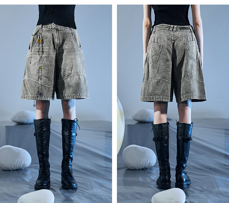 Rizhuo Galaxy Gray Washed Vintage Loose Fit Denim Shorts Women 2025 Summer New 11