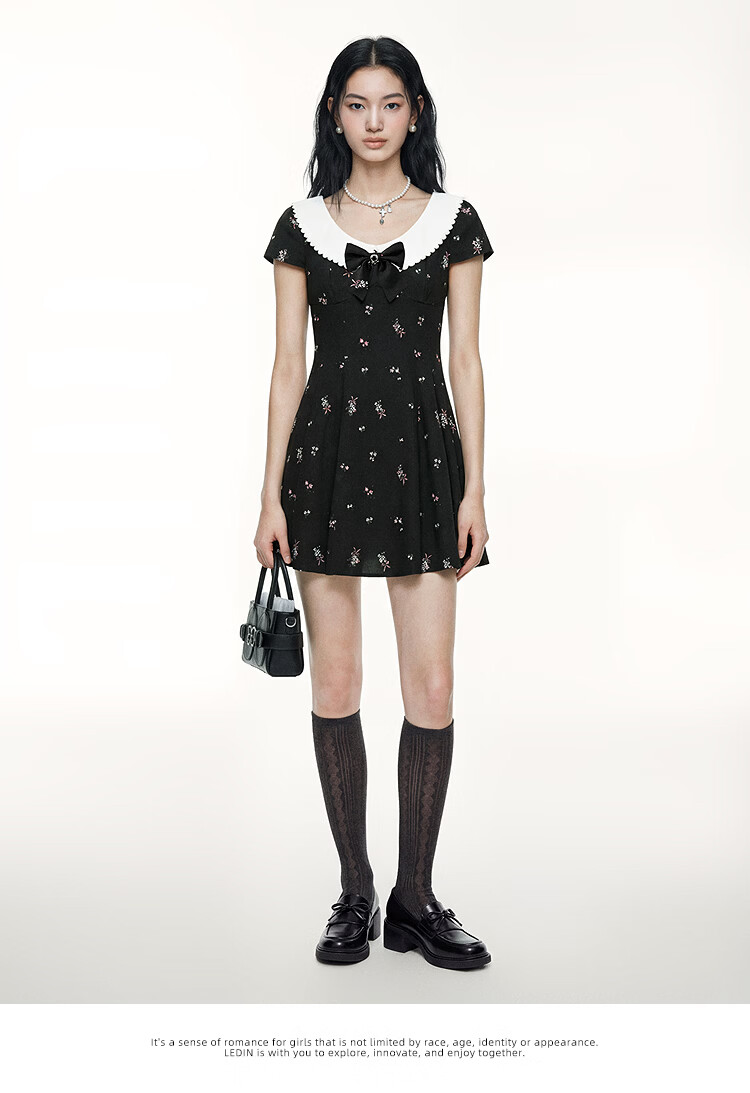 LeTing Original Printed Draped Collar Spliced Shirt Doll Collar Dress Black (In Stock) XS 18
