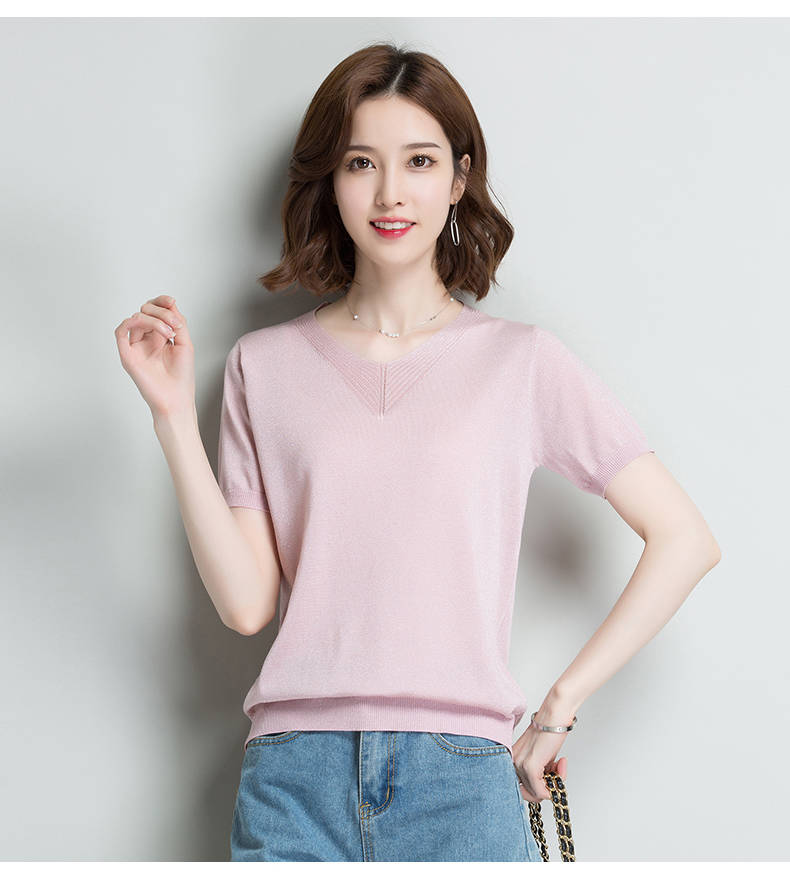 冰丝针织短袖t恤女上衣服薄款亮丝半袖体桖夏装2019新款女装潮 砖红色