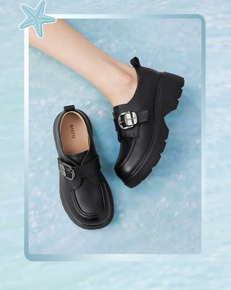 BASTO 26 Spring Comfortable Leather Thick Sole Chunky Heel Loafers Women's Shoes A6502AM6 Black Size 38 4
