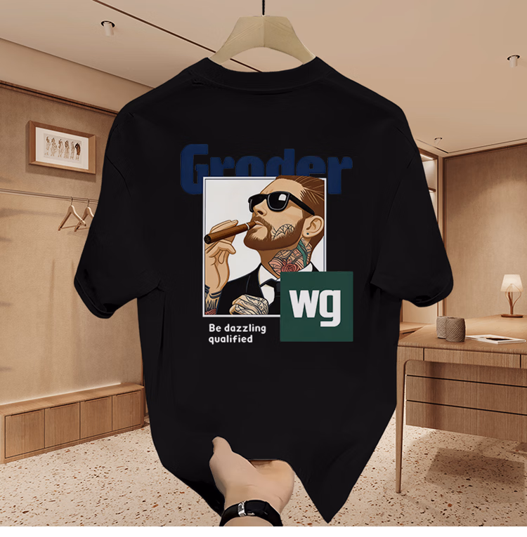 Herren Eisseide T-shirt Kurzarm Sommer Oberteil Casual Schwarz_voghion.com