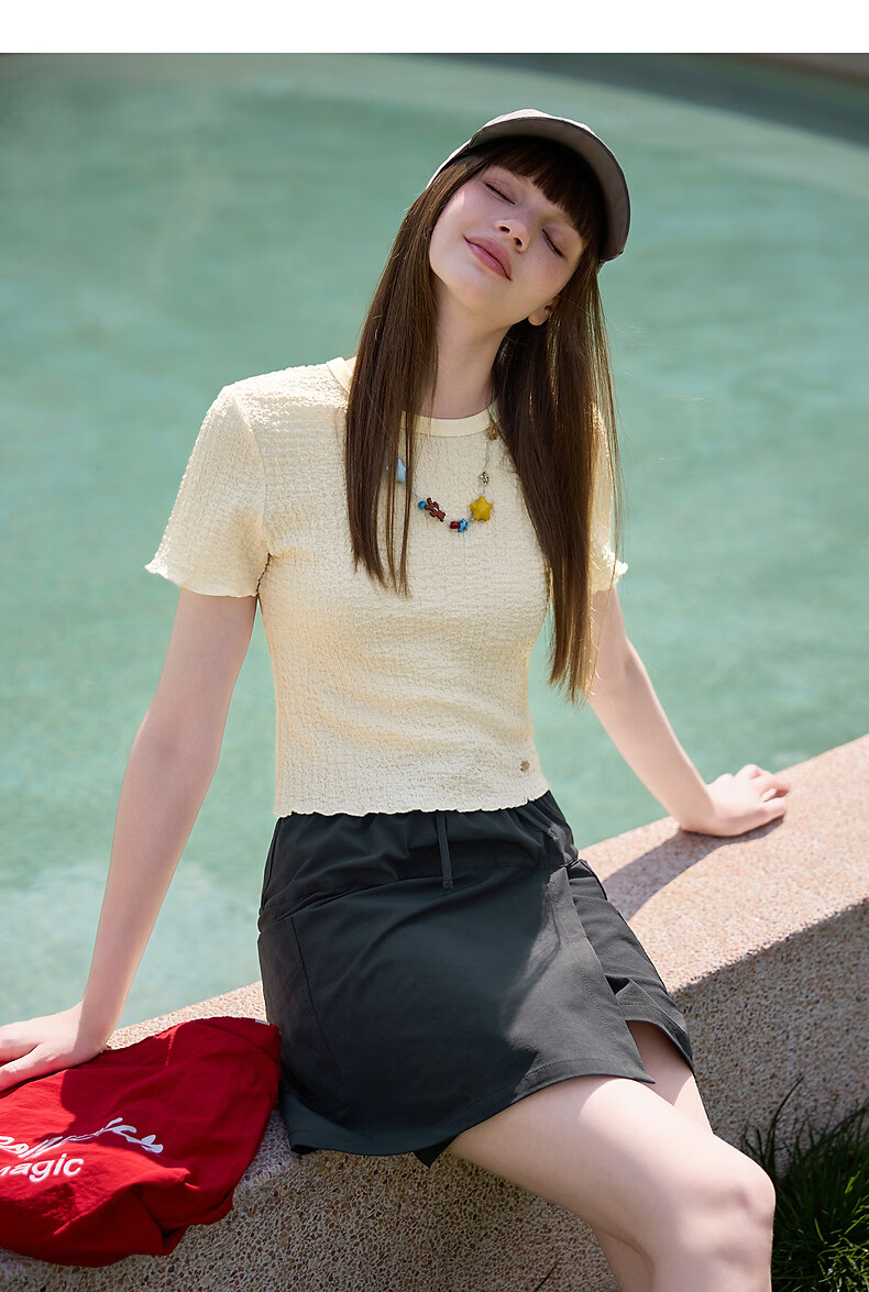 TonLion 2026 Summer New Short Sleeve T-Shirt Women Round Neck Textured Waist Slim Top Stylish Petite 4