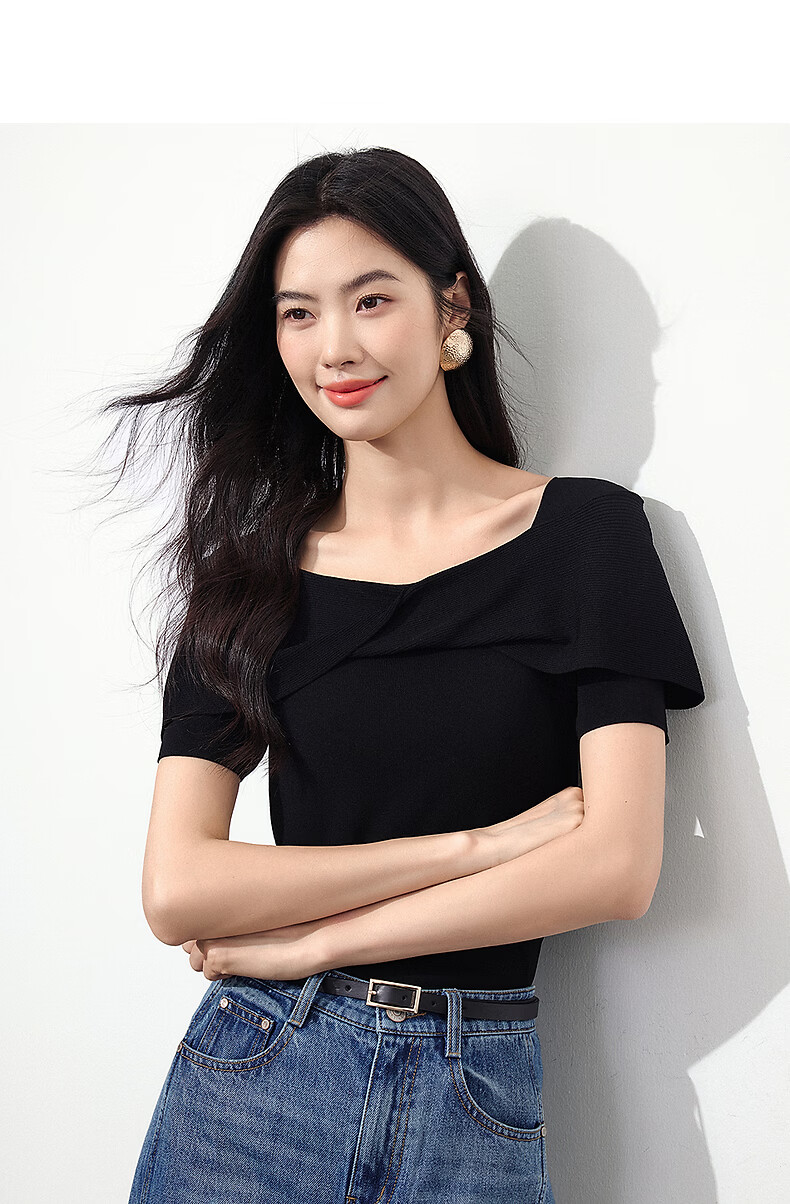 Yixiang Liying Black Off-Shoulder Knit Top Women New Short Sleeve Square Neck Blouse Lanye Black 160/84A/M 5