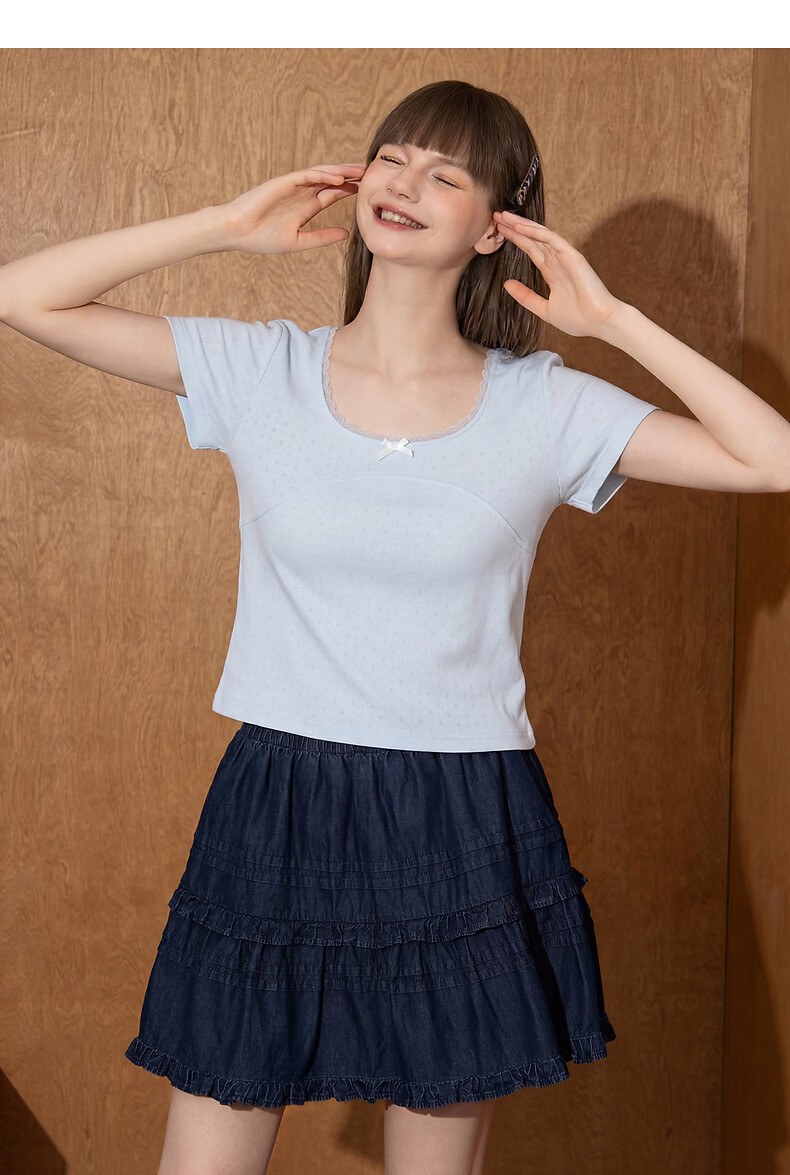 TonLion 2026 Summer Women's Lace Mid-Short Sleeve T-Shirt Hollow-Out Design Versatile Elegant Youthful T-Shirt 4