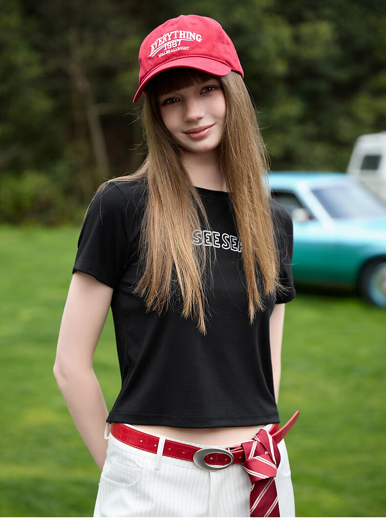 TonLion 2026 Summer Women's Black Short Sleeve Cropped T-Shirt American Style Trendy Top for Petite 8