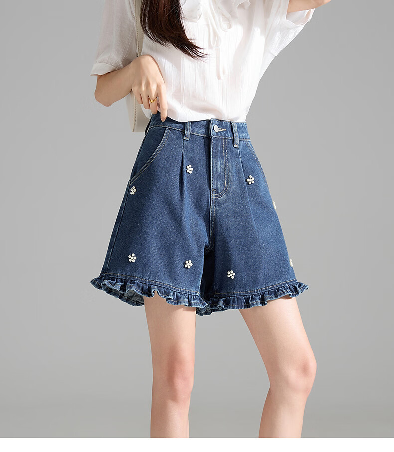 TonLion 2026 Summer Women's Ruffle Denim Mid-Shorts Deep Indigo Blue Size 27 8