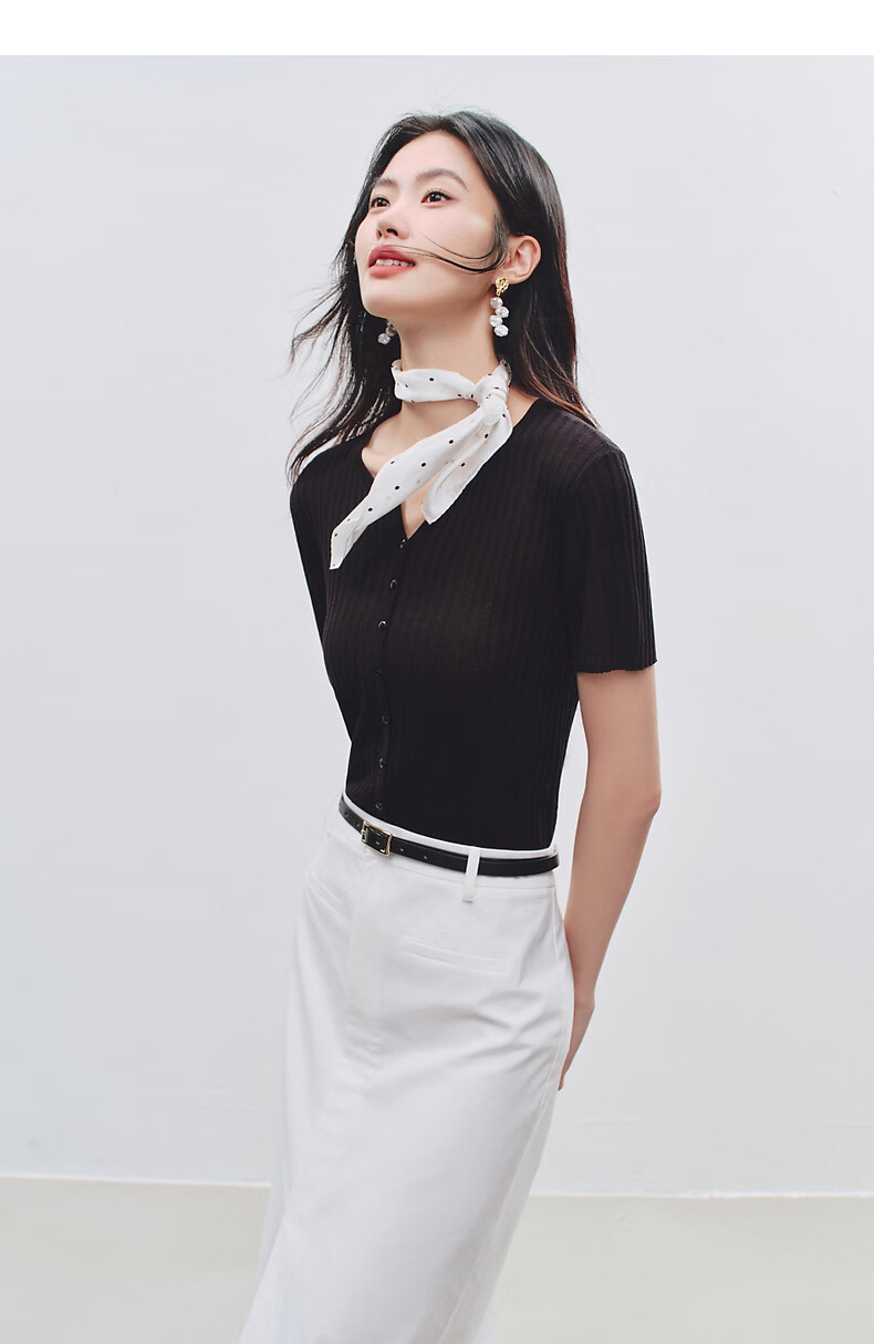 Yixiang Liying Solid Color Short Sleeve Linen Knitwear Women's New Soft Skin-Friendly Shoulder Fitting Top Milk Almond Beige L 43