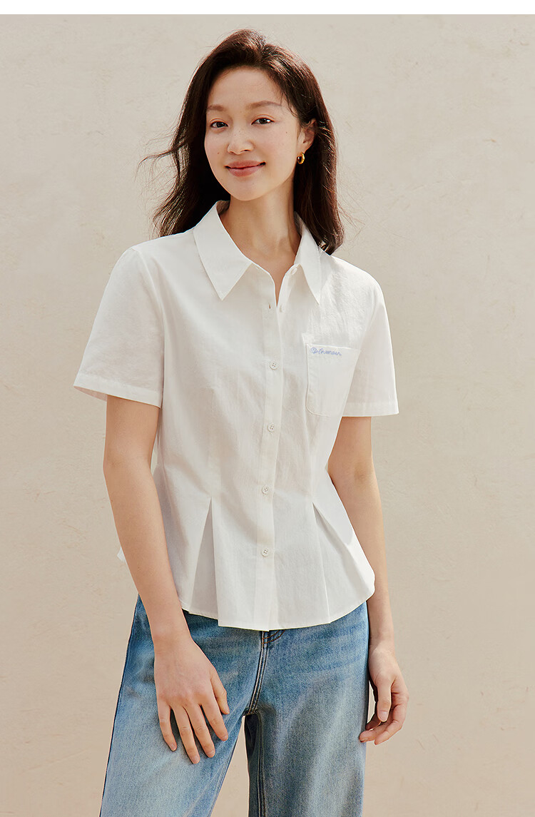 INMAN 100% Xinjiang Cotton Simple Tie-Waist Short Sleeve Shirt 2026 Summer New Embroidered Top White S 18
