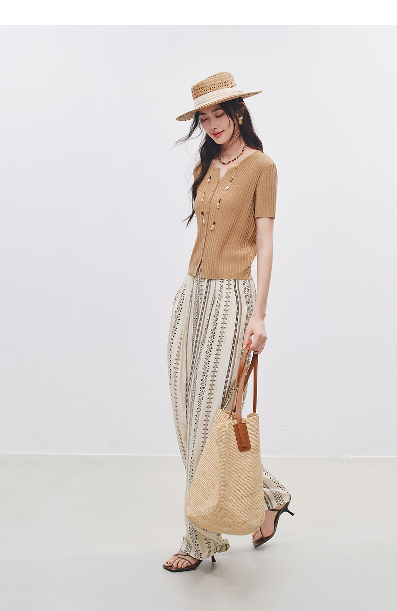 Yixiang Liying Solid Color Short Sleeve Linen Knitwear Women's New Soft Skin-Friendly Shoulder Fitting Top Milk Almond Beige L 26