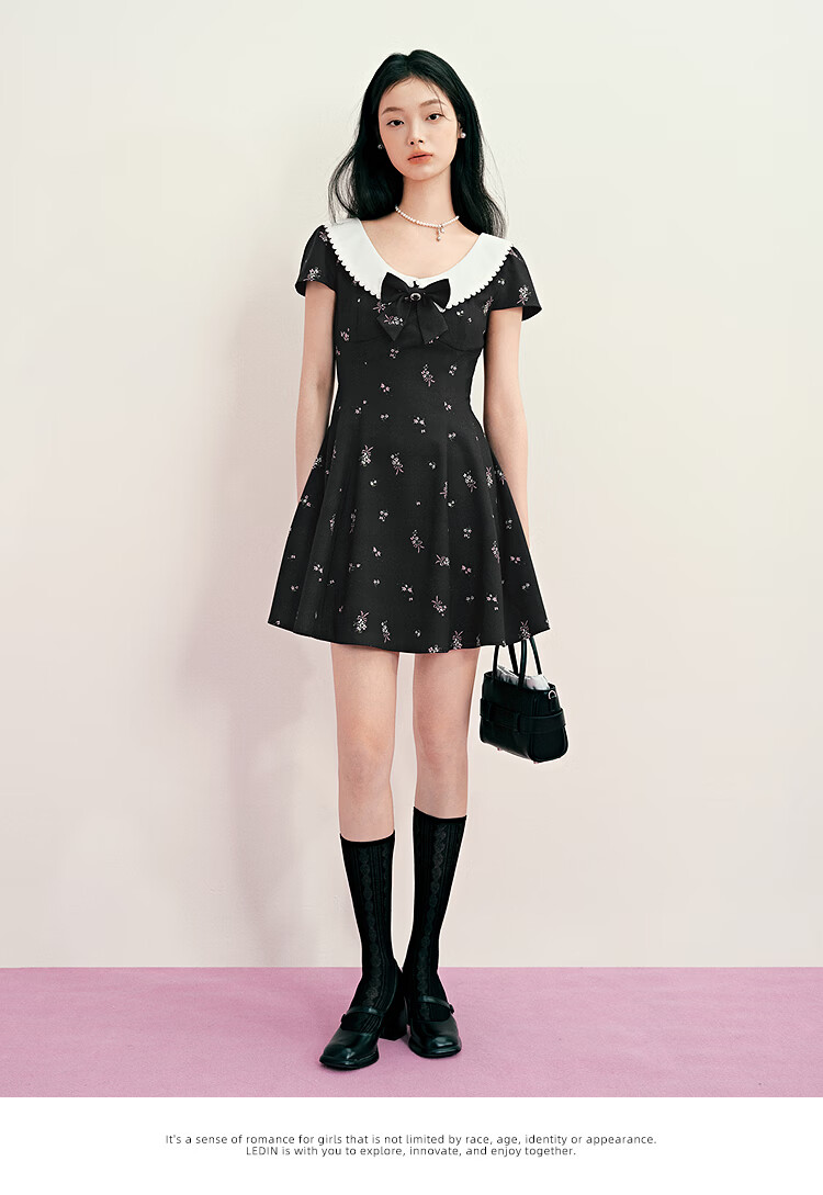 LeTing Original Printed Draped Collar Spliced Shirt Doll Collar Dress Black (In Stock) XS 14