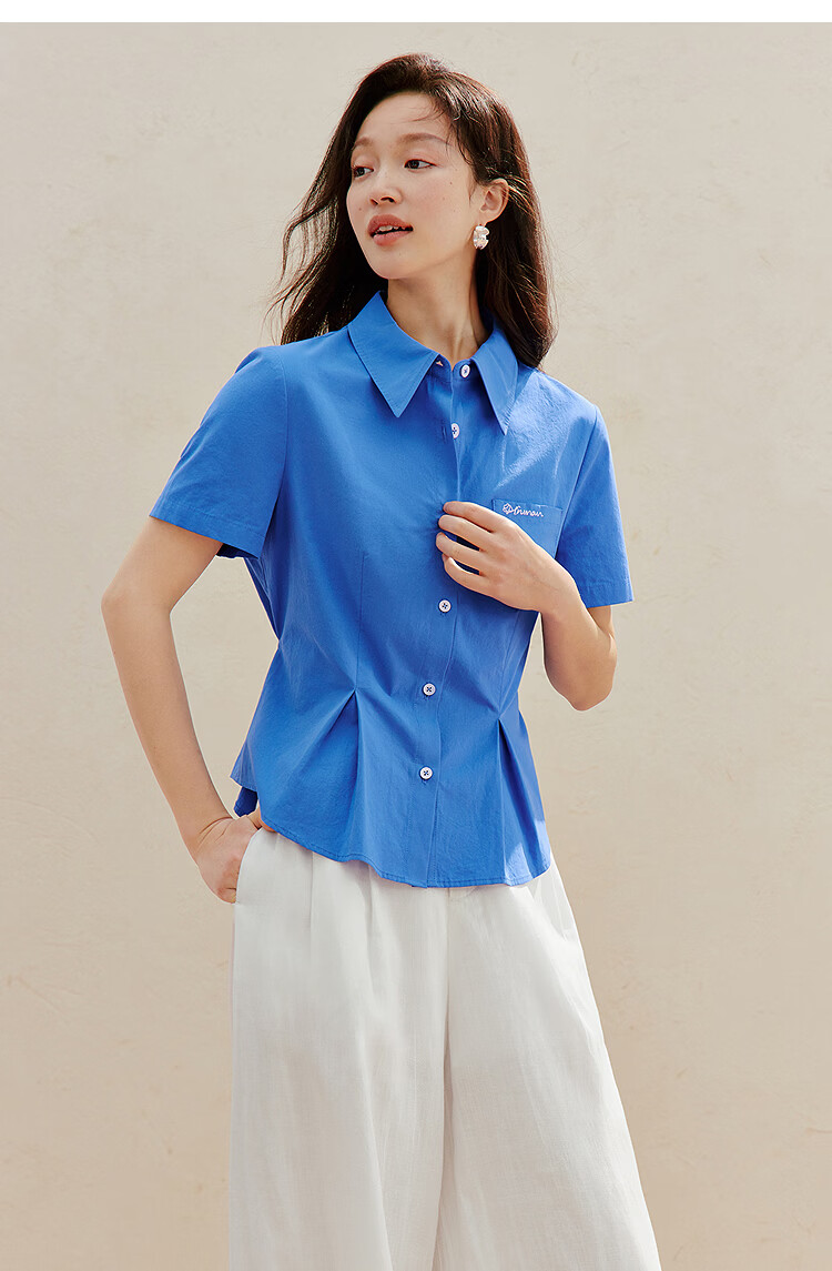 INMAN 100% Xinjiang Cotton Simple Tie-Waist Short Sleeve Shirt 2026 Summer New Embroidered Top White S 26