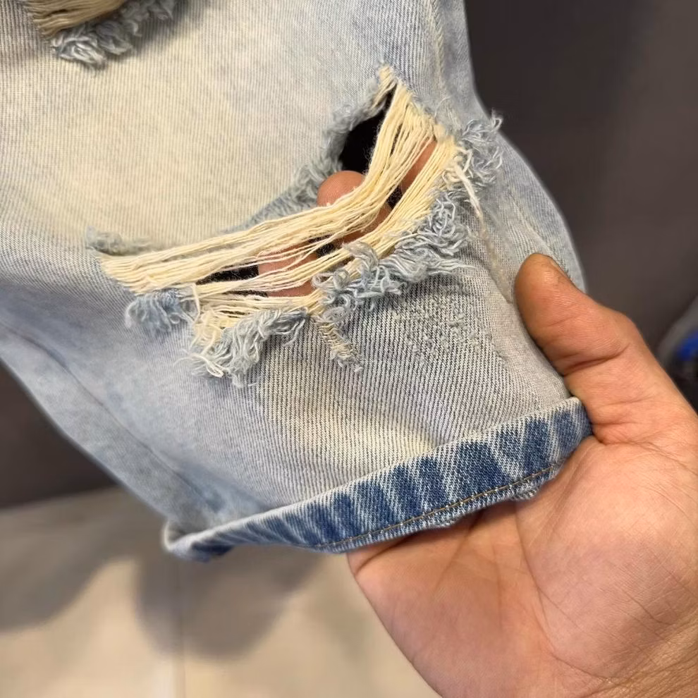 2026 Summer Trendy Brand Beggar Ripped Scratched Denim Shorts Men's Korean Version Trendy Straight Casual Five-point Pants, Blue 28_mkmklike.com