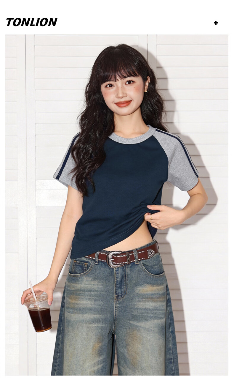 TonLion Colorblock Short Sleeve Women's Summer Raglan Patchwork Cropped Slim Fit T-Shirt New American Style Slimming Top 9