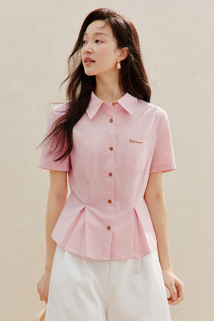INMAN 100% Xinjiang Cotton Simple Tie-Waist Short Sleeve Shirt 2026 Summer New Embroidered Top White S 2