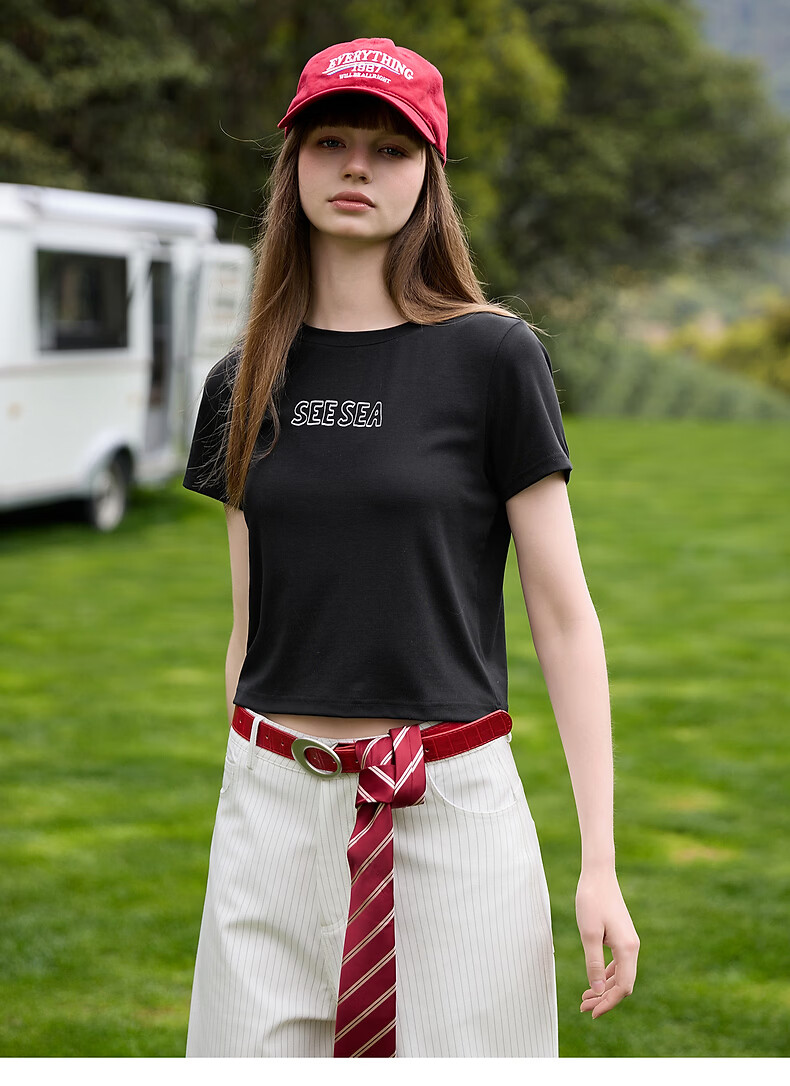 TonLion 2026 Summer Women's Black Short Sleeve Cropped T-Shirt American Style Trendy Top for Petite 6
