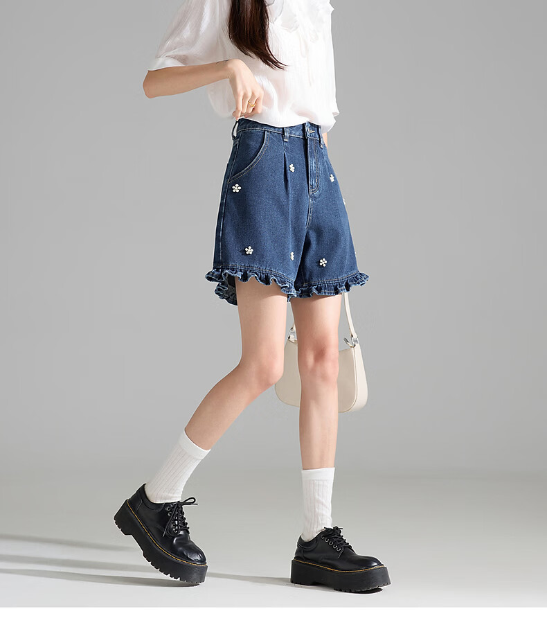 TonLion 2026 Summer Women's Ruffle Denim Mid-Shorts Deep Indigo Blue Size 27 10