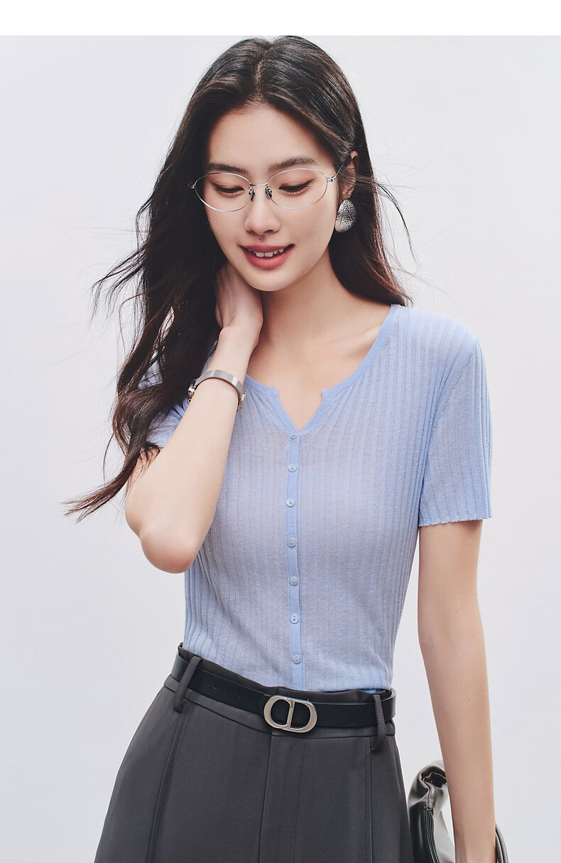 Yixiang Liying Solid Color Short Sleeve Linen Knitwear Women's New Soft Skin-Friendly Shoulder Fitting Top Milk Almond Beige L 40