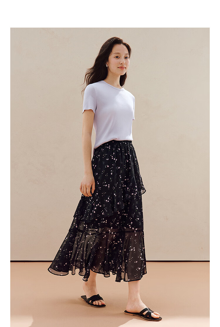 INMAN Ruffled Patchwork Floral Midi Skirt 26 Summer Women's New Elastic Waist Irregular Long Skirt Black M 4