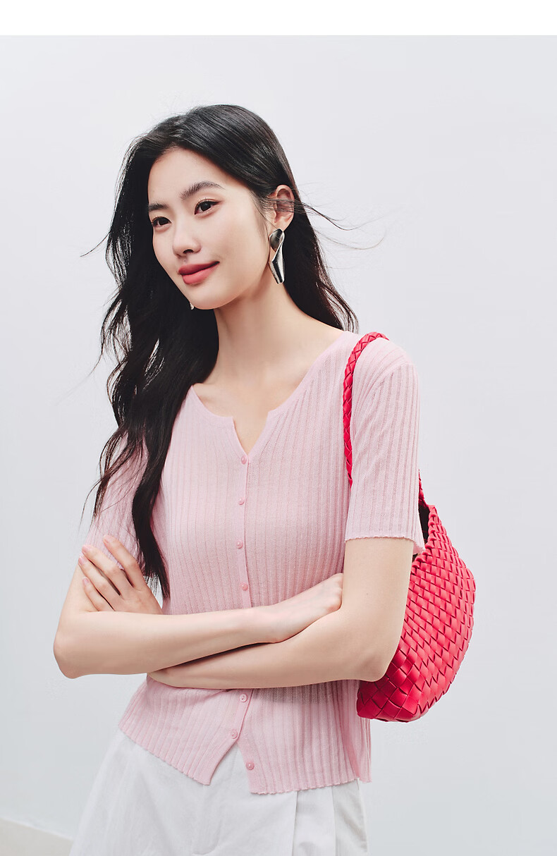 Yixiang Liying Solid Color Short Sleeve Linen Knitwear Women's New Soft Skin-Friendly Shoulder Fitting Top Milk Almond Beige L 34