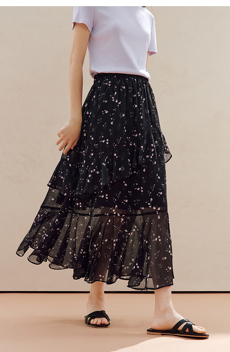 INMAN Ruffled Patchwork Floral Midi Skirt 26 Summer Women's New Elastic Waist Irregular Long Skirt Black M 15