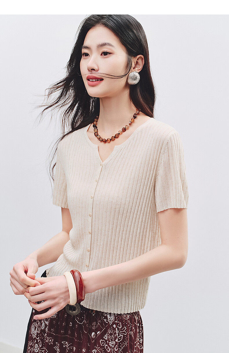 Yixiang Liying Solid Color Short Sleeve Linen Knitwear Women's New Soft Skin-Friendly Shoulder Fitting Top Milk Almond Beige L 37
