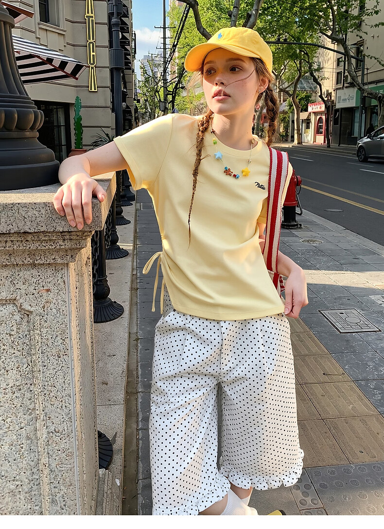 TonLion 2026 Summer Women's Drawstring Mid-Length Short Sleeve T-Shirt Solid Color Slim Fit Stylish Versatile Premium Feel 7