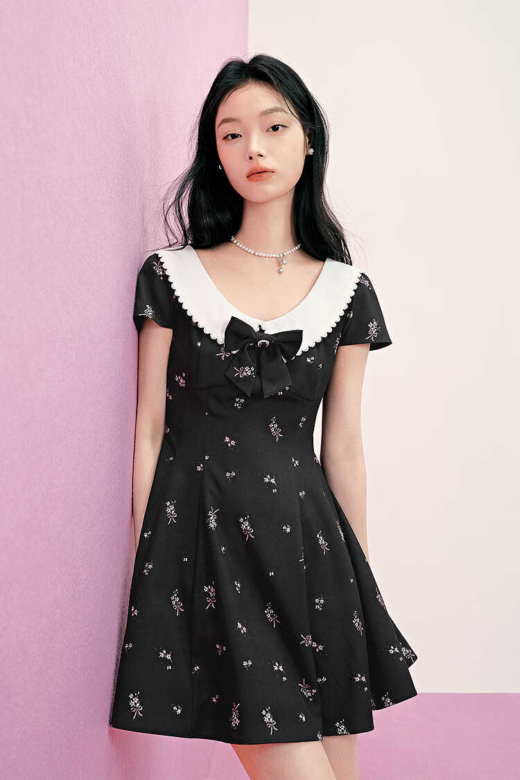 LeTing Original Printed Draped Collar Spliced Shirt Doll Collar Dress Black (In Stock) XS 3