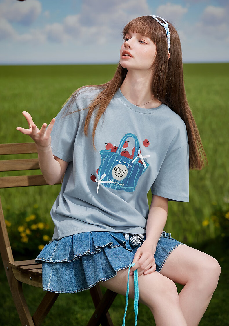 TonLion 2026 Summer New Women's Short Sleeve T-Shirt Fashionable Unique Blue Top Youthful Style 2