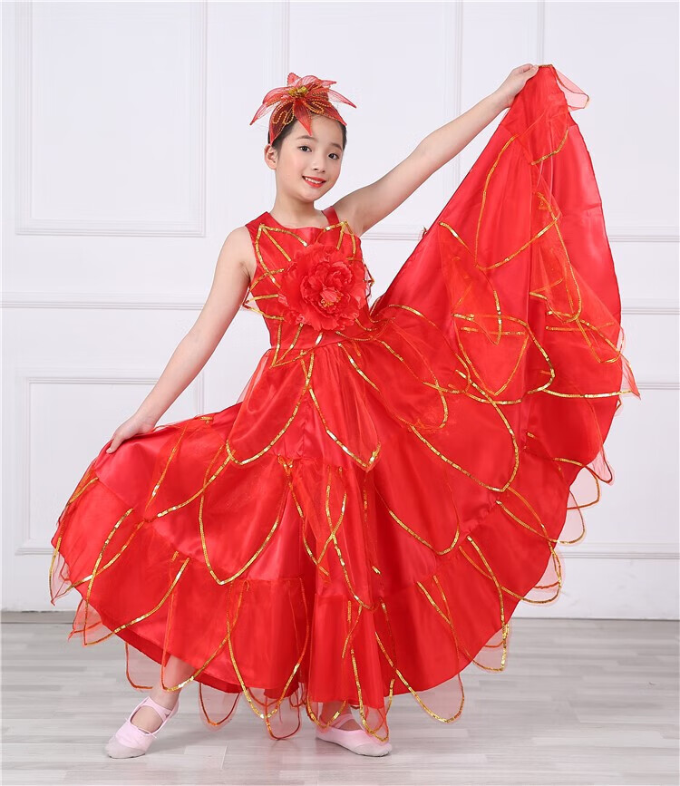 六一斗牛演出服装幼儿园表演西班牙斗牛士大摆裙舞裙开场舞女 粉红色