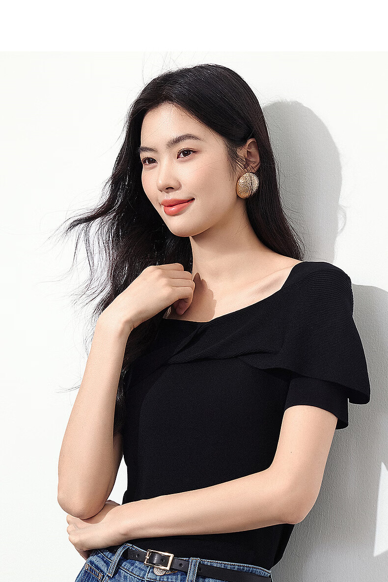 Yixiang Liying Black Off-Shoulder Knit Top Women New Short Sleeve Square Neck Blouse Lanye Black 160/84A/M 14