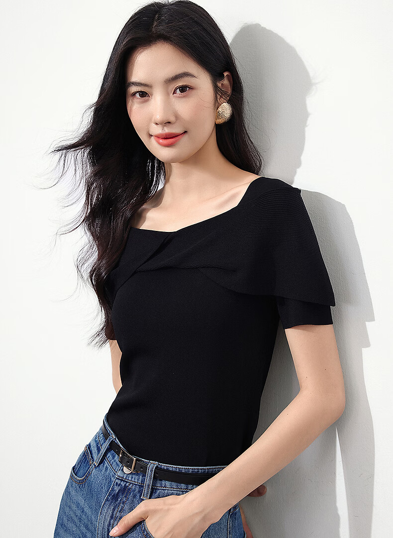 Yixiang Liying Black Off-Shoulder Knit Top Women New Short Sleeve Square Neck Blouse Lanye Black 160/84A/M 2